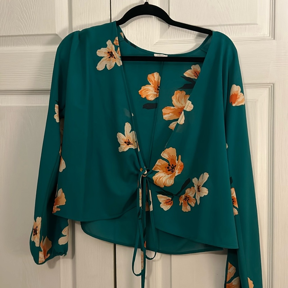 Teal/Green tropical tie blouse, long sleeve